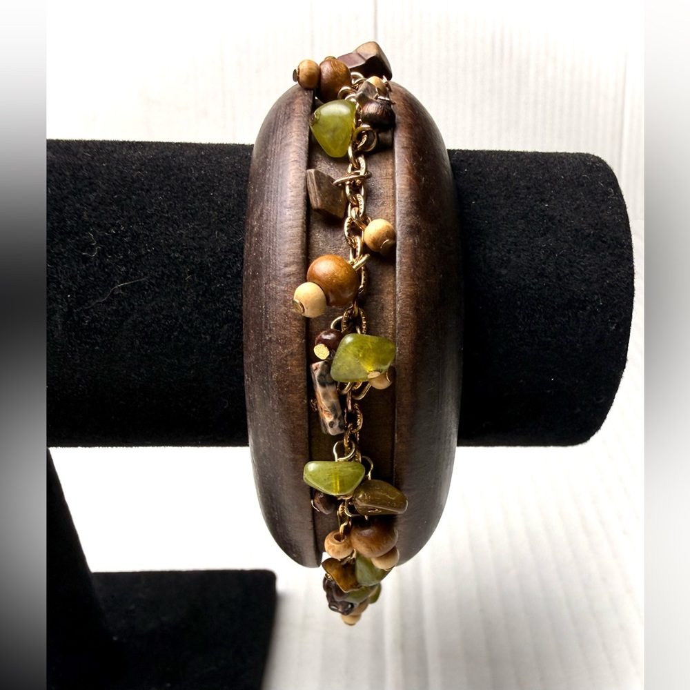 Wooden Bangle Bohemian Boho Beaded Chunky Bracelet Glass‎ Wood Nature Artisan
